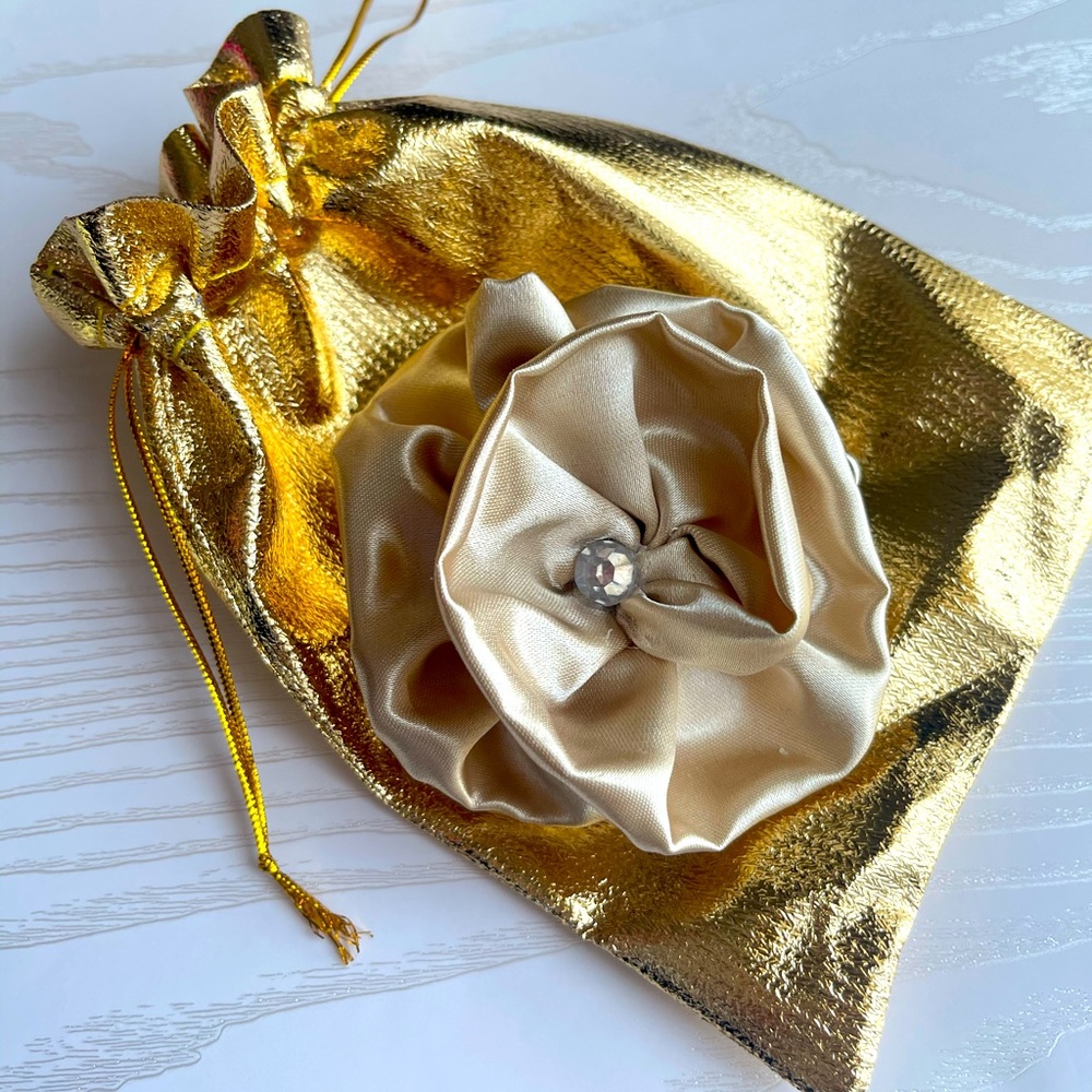 Champagne Gold Satin Flower Hair Clip With Rhinestone, Satin Flowers, Hair Clips